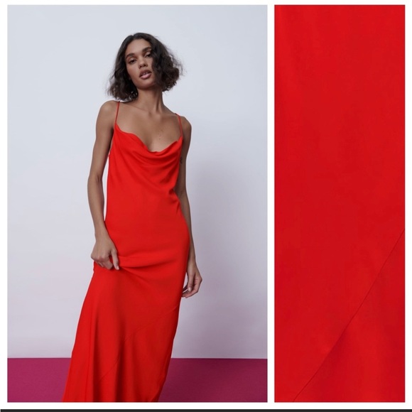 Zara bright Red Satin Effect Lingerie Style maxi Cowl Neck Dress Size XS NWT - Picture 6 of 16